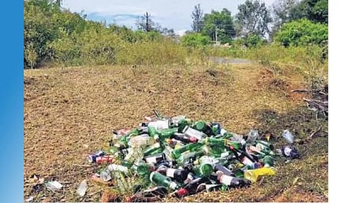 கண்மாய்க்குள் நிரம்பி கிடக்கும் மதுபாட்டில்கள்