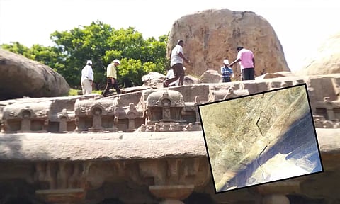 மாமல்லபுரத்தில் பஞ்சபாண்டவர் மண்டபத்தில் விரிசல்- தொல்லியல்துறை அதிகாரிகள் ஆய்வு