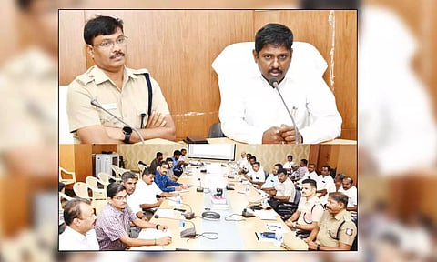 பாதுகாப்புக்குழு கூட்டம் கலெக்டர் கிறிஸ்துராஜ் தலைமையில் நடைபெற்ற காட்சி.