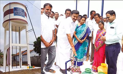 அமைச்சர் குடிநீர் குழாயை திறந்து வைத்த காட்சி.