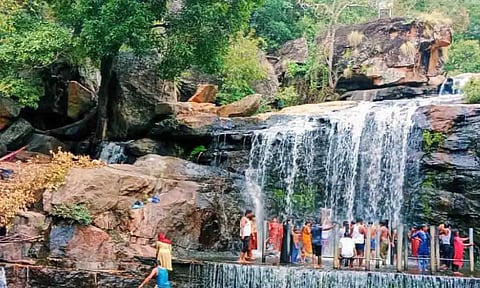 பஞ்சலிங்க அருவியில் நீர்வரத்து அதிகரித்துள்ளதை படத்தில் காணலாம். 