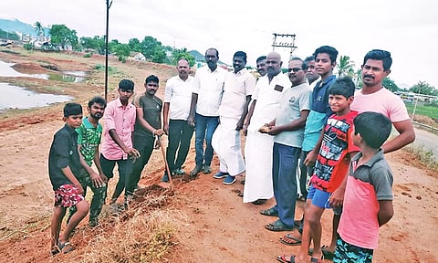 ஆலங்குளத்தில் தென்காசி தெற்கு மாவட்ட தி.மு.க. முன்னாள் செயலாளர் சிவபத்மநாதன் தலைமையில் பனை விதை நடும் பணி நடந்தது.