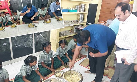 நகராட்சி பள்ளியில் கலெக்டர் பிரபுசங்கர் ஆய்வு- மாணவர்களுடன் அமர்ந்து சாப்பிட்டார்