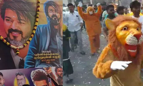 திருப்பூரில் உள்ள தியேட்டரில் விஜய் படத்திற்கு மாலை அணிவித்தும், சிங்க வேடமணிந்தும் ரசிகர்கள் மேளதாளத்துடன் ஆடிப்பாடி மகிழ்ந்த காட்சி. 