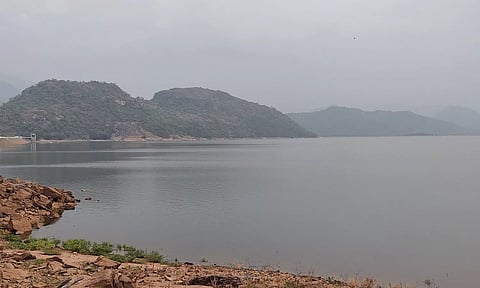 உடுமலை அமராவதி அணையின் நீர்மட்டம் சரிந்துள்ளதை படத்தில் காணலாம்.