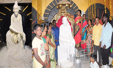 திண்டுக்கல் பாரதிபுரம் ஷீரடி சாய்பாபா கோவிலில், விஜயதசமி மற்றும் பாபாவின் 105 வது ஆண்டு முக்தி விழாவை முன்னிட்டு பக்தர்கள் தங்களது கரங்களால் பால் அபிஷேகம் செய்து வழிபட்டனர்.