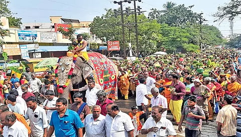 யானை மீது புனிதநீர் கலசம் கோட்டை மாரியம்மன் கோவிலுக்கு பக்தர்கள் புடைசூழ ஊர்வலமாக வந்த காட்சி.