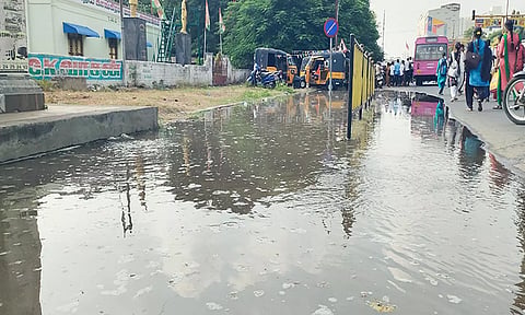 கடலூர் கலெக்டர் முகாம் அலுவலகம் அருகில் சாலையில் வழிந்தோடும் நீரினை படத்தில் காணலாம்.
