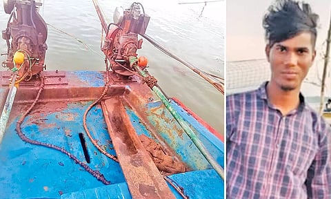 மின்னல் தாக்கி சேதமான படகையும், மாயமான மீனவரையும் படத்தில் காணலாம்.