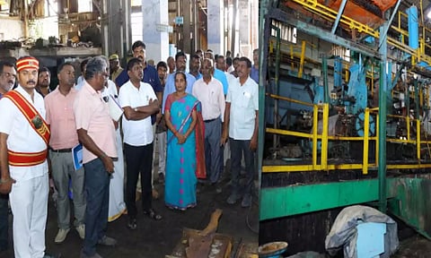 அமராவதி கூட்டுறவு சர்க்கரை ஆலையை கலெக்டர் ஆய்வு செய்த காட்சி.