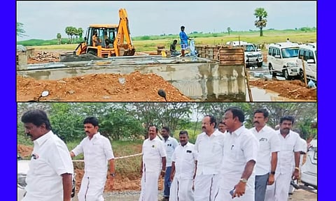 பாலம் அமைக்கும் பணியினை அமைச்சர் தங்கம் தென்னரசு பார்வையிட்டு ஆய்வு செய்தார்.