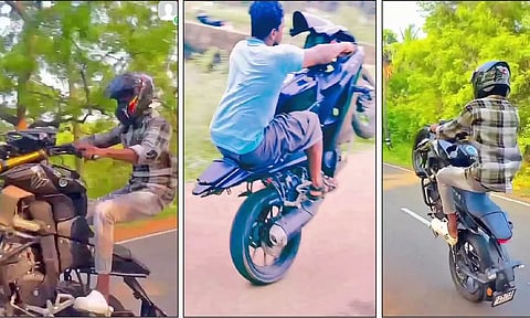 வீடியோவில் பதிவான வாலிபர்களின் மோட்டார் சைக்கிள் சாகச காட்சிகள்.