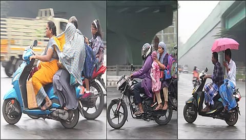 சேலத்தில் காலை முதல் சாரல் மழை பெய்து வருகிறது. இதனால் மழையில் நனைந்தபடி இருசக்கர வாகனங்களில் சென்றவர்களை படத்தில் காணலாம்.