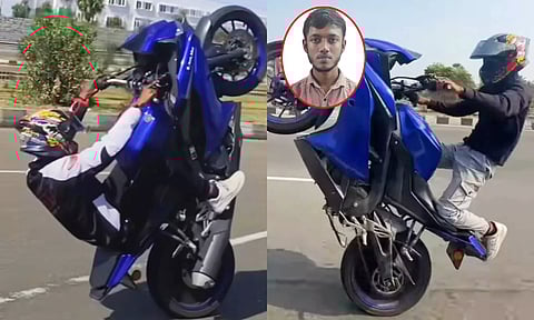 விபத்தை ஏற்படுத்தும் வகையில் தேசிய நெடுஞ்சாலையில் பைக் சாகசத்தில் ஈடுபட்ட காட்சி - கைது செய்யப்பட்ட துரைராஜ் (உள்படம்)