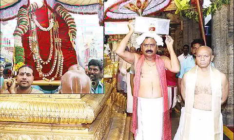 ஸ்ரீவாரி லட்சுமி காசுமாலை ஆரம் பத்மாவதி தாயாருக்கு அணிவிப்பு