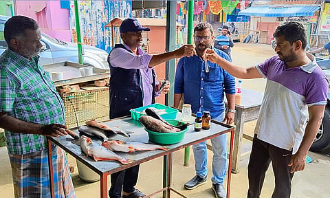 மீன்கடைகளில் உணவு பாதுகாப்புத்துறை அதிகாரிகள் ஆய்வு செய்த காட்சி.