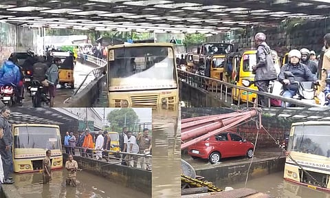 மூலக்கொத்தளத்தில் ரெயில்வே சுரங்க பாதையில் மழை நீரில் சிக்கிய மாநகர பஸ்