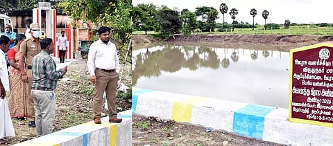 பெரிய வள்ளி கிராமத்தில் ராமசாமிபுரம் ஊரணியில் தடுப்புச்சுவர் அமைக்கப் பட்டுள்ளதை கலெக்டர் ஜெயசீலன் பார்வையிட்டார்.