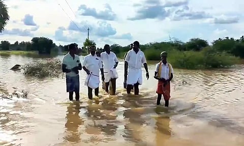 மழையால் பாதிக்கப்பட்ட பகுதிகளை ராஜா எம்.எல்.ஏ. நேரில் சென்று ஆய்வு செய்த காட்சி.