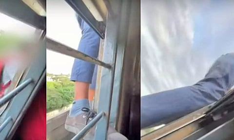 பறக்கும் ரெயிலில் தொங்கி அபாயகரமாக சாகசம் செய்த பள்ளி மாணவன்