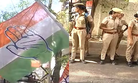 குஷ்புவுக்கு எதிராக போராட்டம்: வீட்டின் அருகே அனுமதிக்கவில்லை- பக்கத்து ரோட்டில் திரண்ட காங்கிரசார்