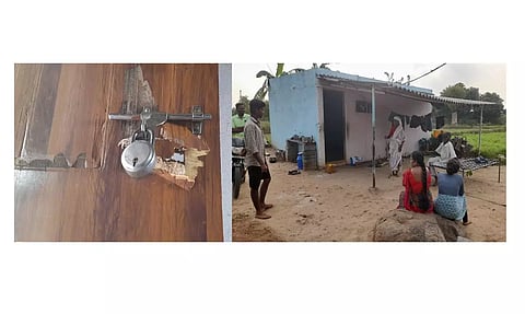 கொள்ளயைடிக்கப்பட்ட வீட்டையும், வீட்டின் பூட்டை உடைக்கப்பட்டிருப்பதை படத்தில் கணாலாம்.