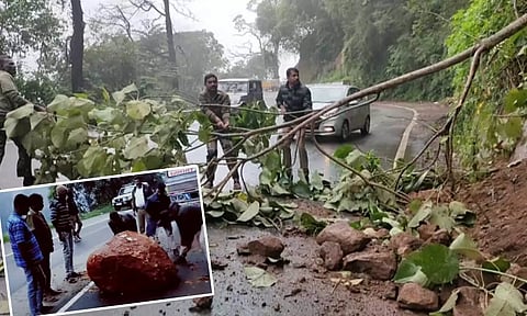சாலையில் விழுந்த ராட்சத பாறை: காரில் சென்ற 5 பேர் அதிர்ஷ்டவசமாக உயிர் தப்பினர்