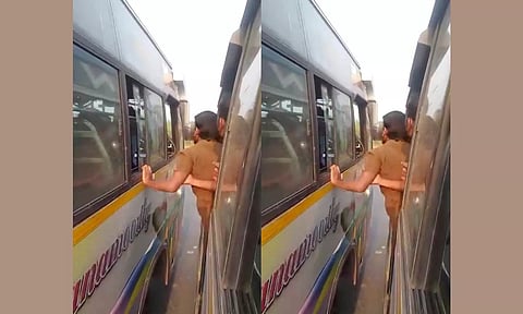 உரசுவது போல் சாலையில் போட்டி போட்டு சென்ற தனியார் பஸ்கள்- பயணிகள் பீதி