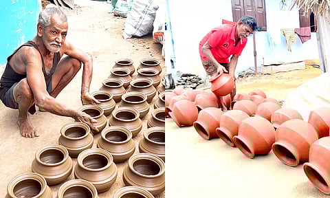 கவுண்டம்பாளையம் பகுதியில் பொங்கல் பானைகள் தயாரிப்பு பணி விறுவிறுப்பாக நடந்து வருவதை காணலாம். 