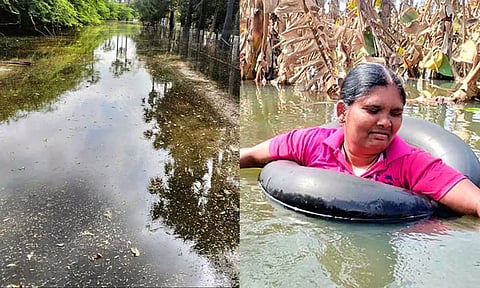வெள்ளாளன்விளையில் இருந்து ரப்பர் படகில் நீந்தியபடி வயலுக்கு செல்லும் பெண். 