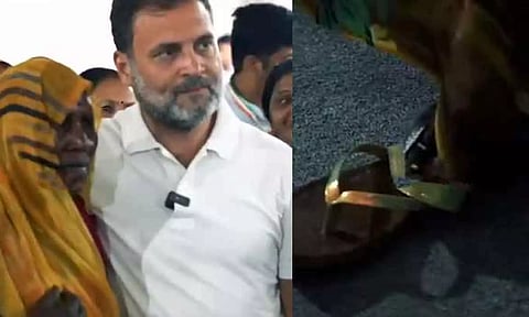 செருப்பு அணிய விடுவதில்லை என ஆதங்கப்பட்ட பட்டியலின பெண்ணுக்கு செருப்பு போட்டுவிட்ட ராகுல்காந்தி