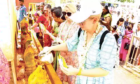 வெளிநாட்டு பயணிகள் நாகர் சிலைக்கு பால் ஊற்றி வழிபாடு