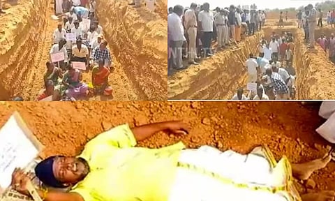 வள்ளலார் சர்வதேச மையம் அமைக்க எதிர்ப்பு- குழிக்குள் இறங்கி பொதுமக்கள் போராட்டம்