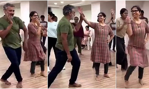 'குண்டு மல்லி ரெண்டு ரூபாய்' பாடலுக்கு மனைவியுடன் நடனமாடிய ராஜமௌலி.