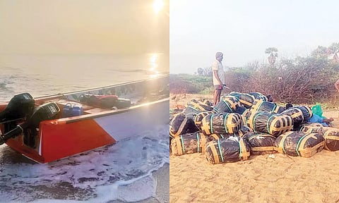 பறிமுதல் செய்யப்பட்ட படகு - பிடிபட்ட பீடி இலை பண்டல்களை படத்தில் காணலாம்