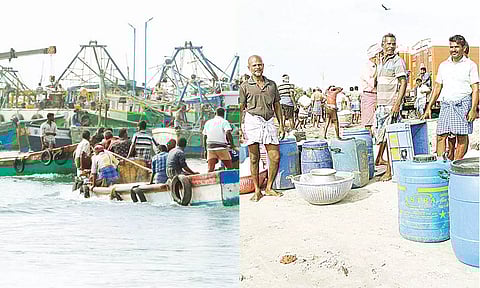 கடலுக்கு செல்ல ஆயத்தமாகும் விசைப்படகு மீனவர்கள் தேவையான உபகரணங்களுடன் ஆயத்தமாகி வரும் காட்சி. 