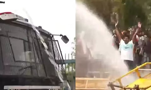 தண்ணீருக்கான போராட்டம்.. தண்ணீரை கொண்டே கட்டுப்படுத்திய போலீஸ்.. வீடியோ