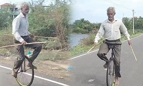 தாத்தா வராரே... ஒற்றை சக்கர சைக்கிளில் வராரே... ஊரையே திரும்பி பார்க்க வைத்த தாத்தா