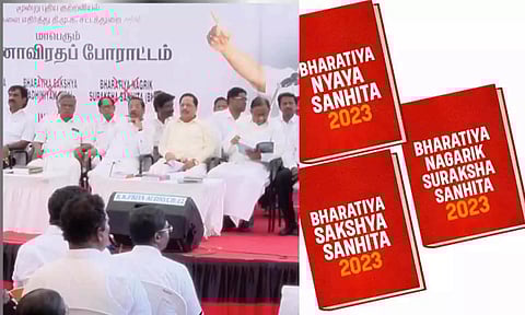 புதிய குற்றவியல் சட்டங்களை திரும்ப பெற வலியுறுத்தி திமுக உண்ணாவிரத போராட்டம்
