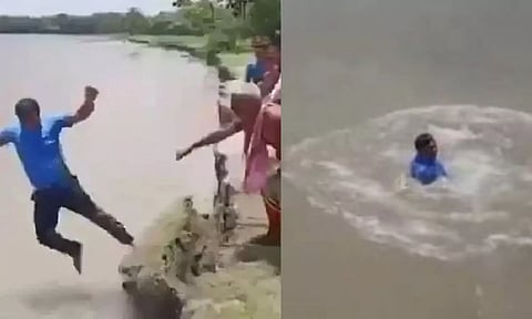 வெள்ள பாதிப்புகளை குறித்து நேரலையில் பேசியபடி ஆற்றில் விழுந்த செய்தியாளர்.. வைரல் வீடியோ