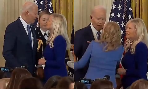 மனைவி என நினைத்து வேறொரு பெண்ணுக்கு முத்தம் கொடுக்க முயன்ற ஜோ பைடன்- வீடியோ வைரல்