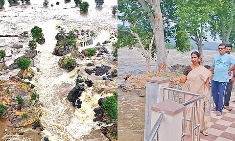 காவிரி ஆற்றில் ஏற்பட்டுள்ள வெள்ளப்பெருக்கை மாவட்ட கலெக்டர் சாந்தி நேரில் பார்வையிட்டபோது எடுத்த படம்.