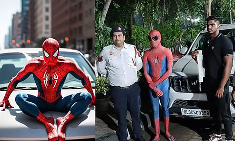 காரின் மேல் அமர்ந்து பயணம்: ஸ்பைடர்மேனுக்கு அபராதம் விதித்த போலீசார்