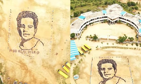 சோனுசூட் உருவத்தில் அமர்ந்து, அவருக்கு பிறந்தநாள் வாழ்த்து தெரிவித்த பள்ளி மாணவர்கள்