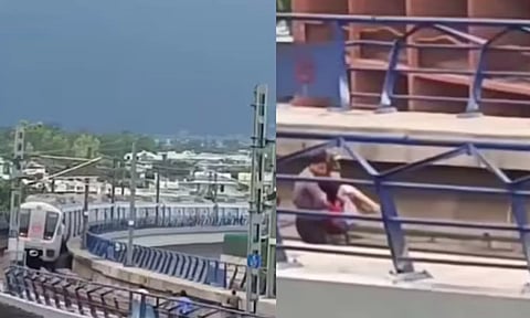 எதிரில் ரெயில்.. மெட்ரோ டிராக்கில் தறிகெட்டு ஓடிய பெண்ணை துண்டுக்கட்டாக தூக்கி வந்த அதிகாரிகள் - வீடியோ