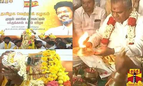 தமிழக வெற்றிக் கழக மாநாடு: புஸ்சி ஆனந்த் தலைமையில் பந்தக்கால் நடப்பட்டது