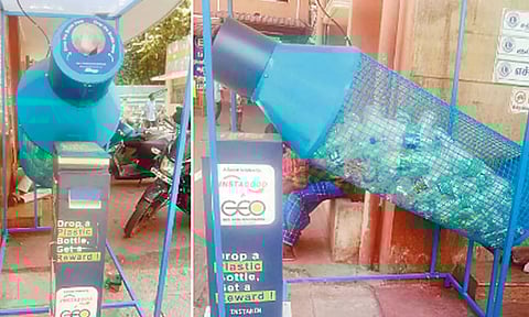 எழும்பூர் குழந்தைகள் நல ஆஸ்பத்திரியில் நவீன எந்திரம்- பிளாஸ்டிக் பாட்டில் போட்டால் முகக்கவசம் கிடைக்கும்