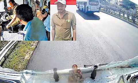 காற்று பலமாக வீசியதால் உடைந்த பஸ் கண்ணாடி- படுகாயங்களுடன் சாதுர்யமாக ஓட்டி பயணிகளின் உயிரை காப்பாற்றிய டிரைவர்