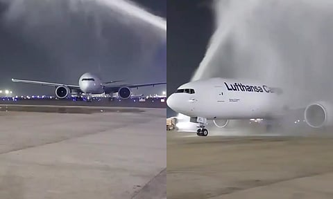 லுஃப்தான்சா சரக்கு விமானத்திற்கு சென்னை விமான நிலையத்தில் பிரமாண்ட வரவேற்பு