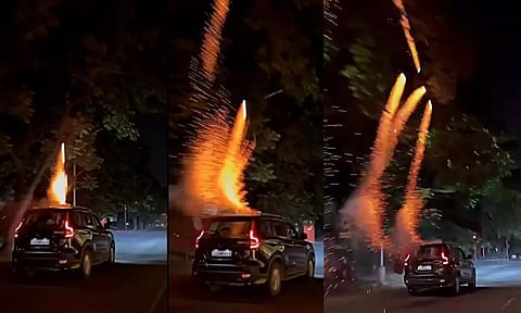ஓடும் காரின் மேற்கூரையில் இருந்து பட்டாசு வெடிக்கும் வீடியோ இணையத்தில் வைரல்